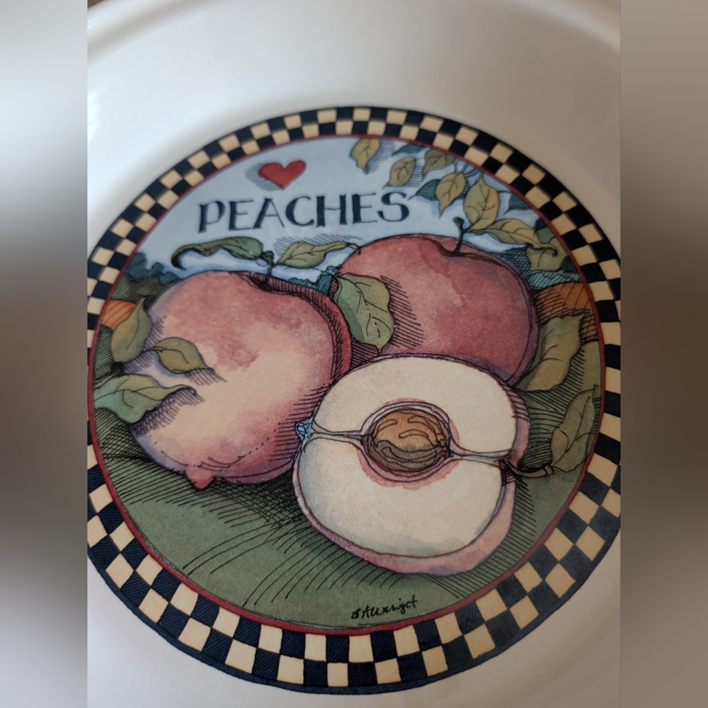 Vintage Susan Winget Ceramic Pie Pan Dish Baker "PEACHES" 11 in Dia. Farmhouse - Picture 2 of 7